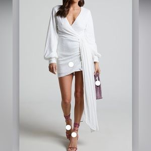 SEQUIN DRAPE DETAIL LONG SLEEVE FAUX WRAP DRESS IN WHITE